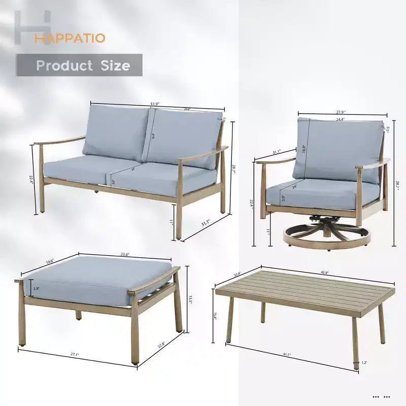 HAPPATIO Ensemble de conversation de jardin 6 pièces en aluminium avec 1 causeuse, table basse, 2 fauteuils pivotants et repose-pieds