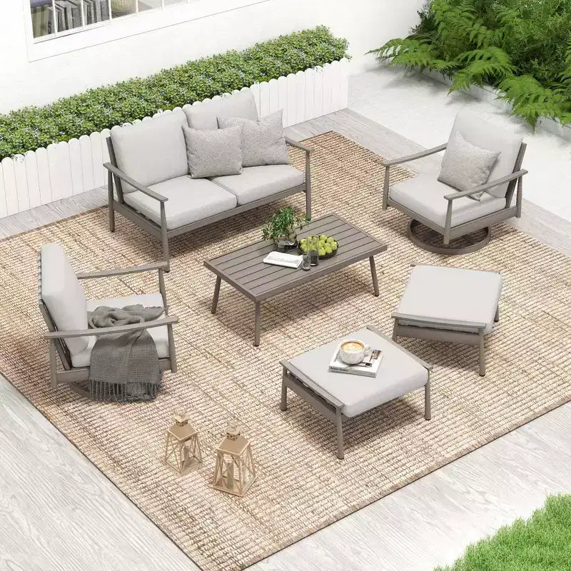 HAPPATIO Ensemble de conversation de jardin 6 pièces en aluminium avec 1 causeuse, table basse, 2 fauteuils pivotants et repose-pieds