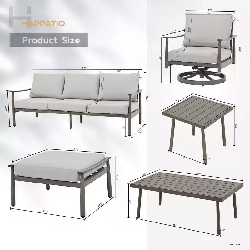 HAPPATIO Ensemble de conversation d'extérieur 7 pièces en aluminium comprenant 1 canapé trois places, une table d'appoint, une table basse, 2 fauteuils pivotants et des poufs