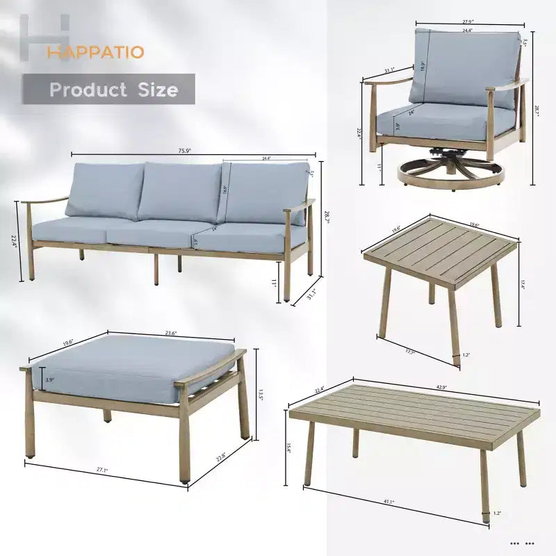 HAPPATIO Ensemble de conversation d'extérieur 7 pièces en aluminium comprenant 1 canapé trois places, une table d'appoint, une table basse, 2 fauteuils pivotants et des poufs