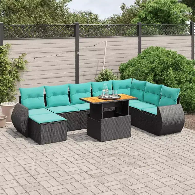 vidaXL Salon de jardin 9 pièces avec coussins Noir et bleu résine tressée
