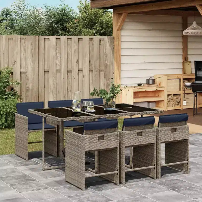 vidaXL Ensemble de salle à manger de patio, table et chaises d'extérieur 7 pièces, en rotin PE gris et bleu marine