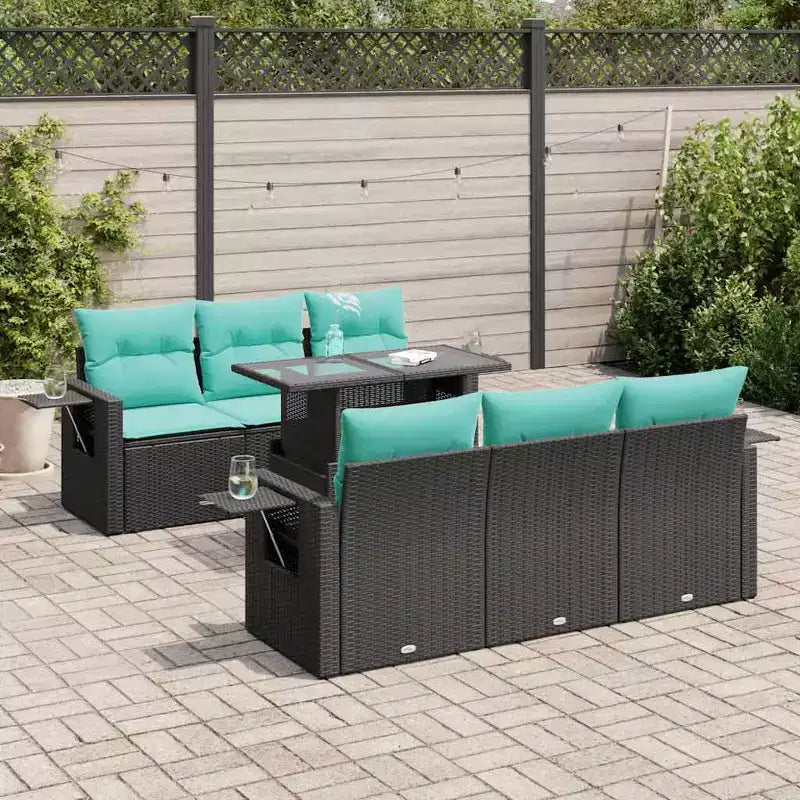 vidaXL Salon de jardin avec coussins Ensemble de conversation 7 pièces Poly rotin Acacia - Noir