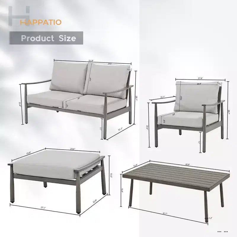 HAPPATIO Salon de jardin 6 pièces en aluminium avec causeuse, fauteuils, table basse et poufs pour jardin et véranda