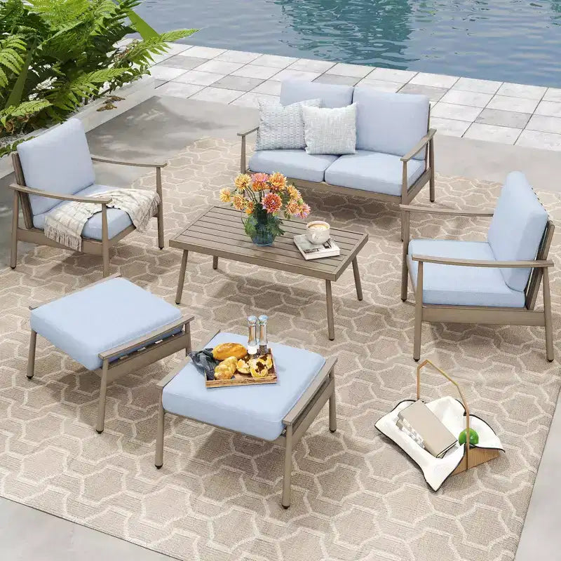 HAPPATIO Salon de jardin 6 pièces en aluminium avec causeuse, fauteuils, table basse et poufs pour jardin et véranda