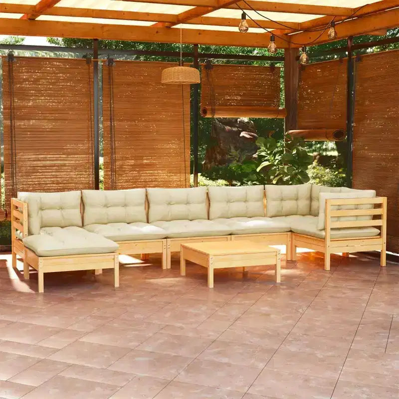vidaXL Salon de jardin - 8 pièces, mobilier d'extérieur avec coussins crème, construction en pin massif, options de configuration polyvalentes
