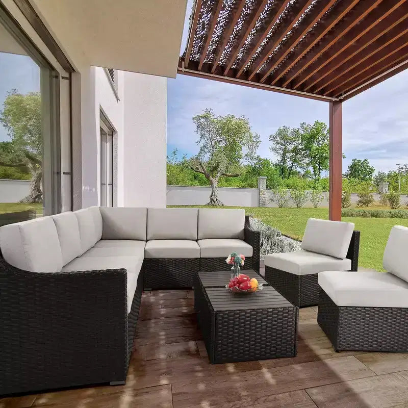 HAPPATIO Ensemble de conversation de terrasse 10 pièces, mobilier de jardin avec plusieurs options de configuration, canapé sectionnel d'extérieur en rotin osier.