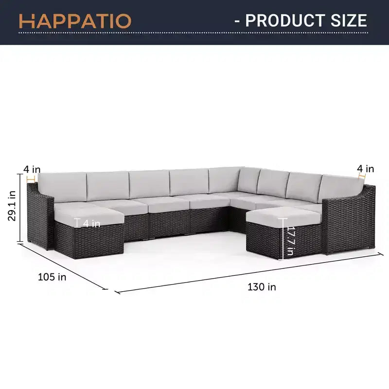 HAPPATIO Ensemble de conversation de terrasse 10 pièces, mobilier de jardin avec plusieurs options de configuration, canapé sectionnel d'extérieur en rotin osier.