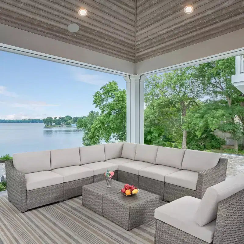 HAPPATIO Ensemble de conversation de terrasse 10 pièces, mobilier de jardin avec plusieurs options de configuration, canapé sectionnel d'extérieur en rotin osier.