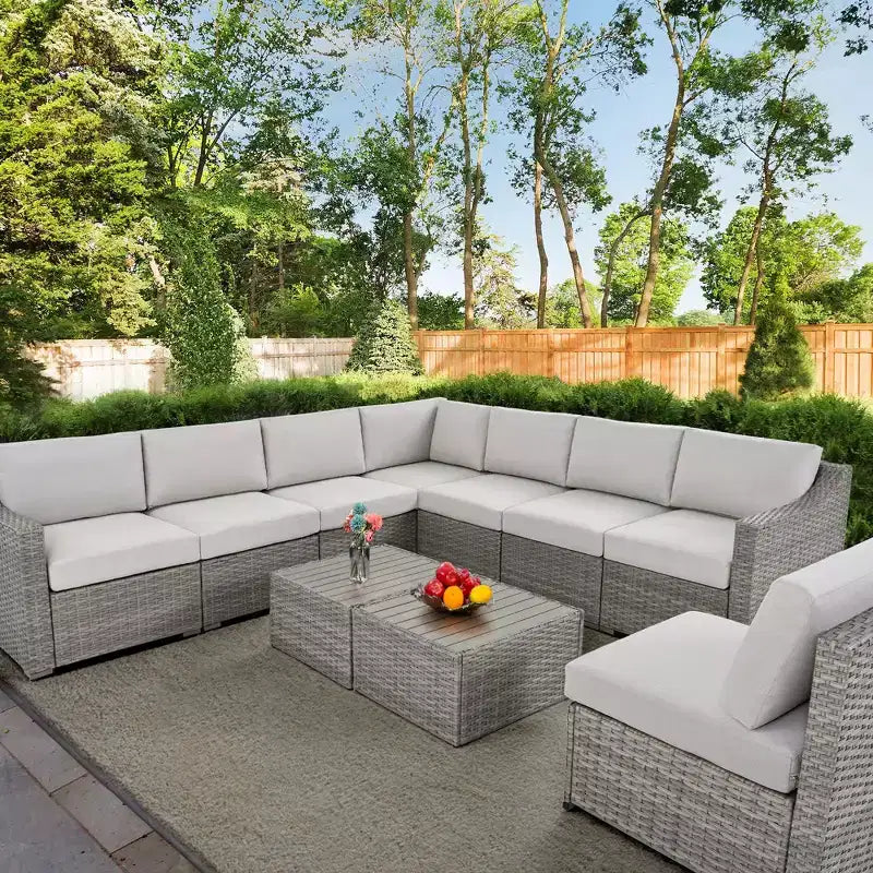 HAPPATIO Ensemble de conversation de terrasse 10 pièces, mobilier de jardin avec plusieurs options de configuration, canapé sectionnel d'extérieur en rotin osier.