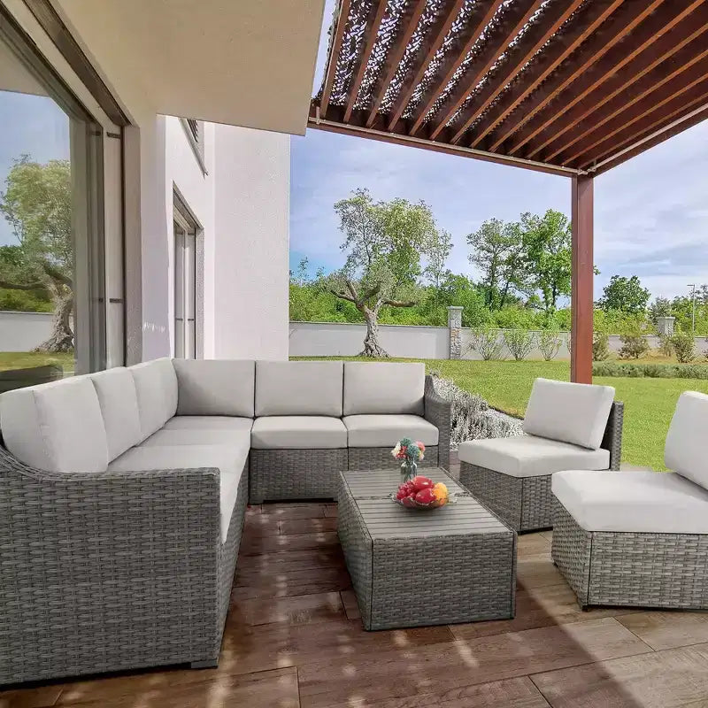 HAPPATIO Ensemble de conversation de terrasse 10 pièces, mobilier de jardin avec plusieurs options de configuration, canapé sectionnel d'extérieur en rotin osier.