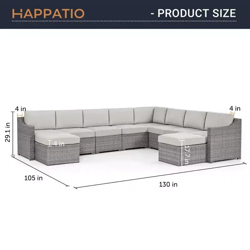 HAPPATIO Ensemble de conversation de terrasse 10 pièces, mobilier de jardin avec plusieurs options de configuration, canapé sectionnel d'extérieur en rotin osier.