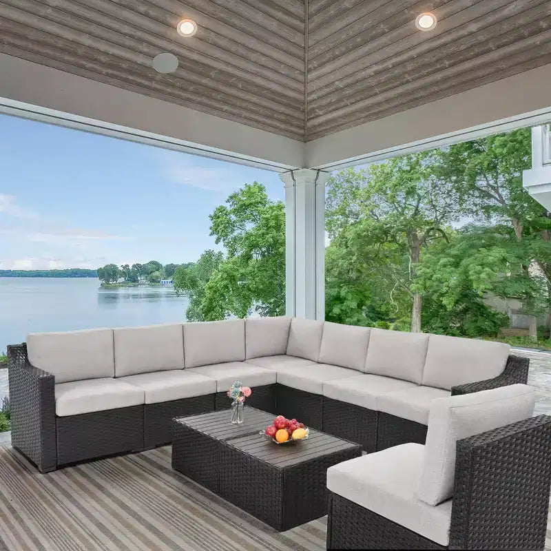 HAPPATIO Ensemble de conversation de terrasse 10 pièces, mobilier de jardin avec plusieurs options de configuration, canapé sectionnel d'extérieur en rotin osier.