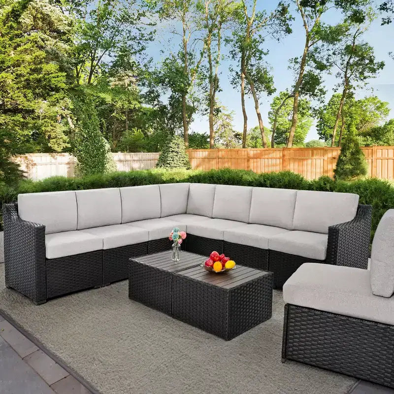 HAPPATIO Ensemble de conversation de terrasse 10 pièces, mobilier de jardin avec plusieurs options de configuration, canapé sectionnel d'extérieur en rotin osier.