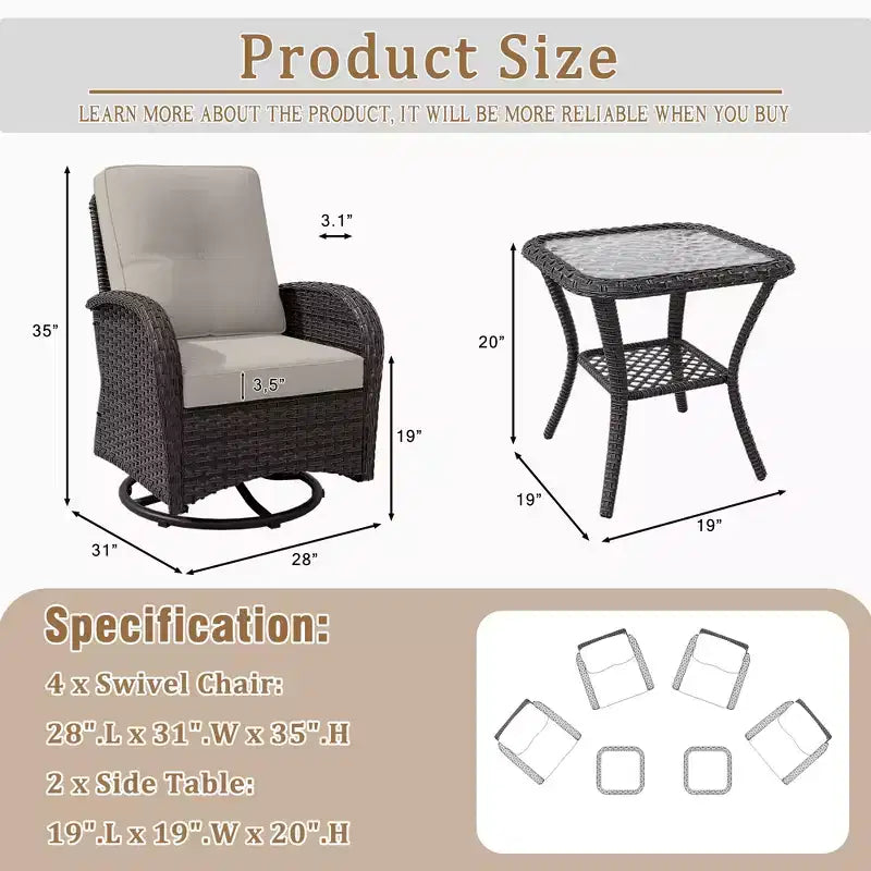 UPTIOT Ensemble de conversation de patio avec 6 fauteuils à bascule pivotants en osier