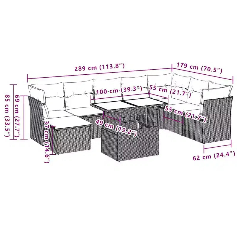 vidaXL Salon de jardin avec coussins, Ensemble de canapés modulaires d'extérieur, 9 pièces, résine tressée