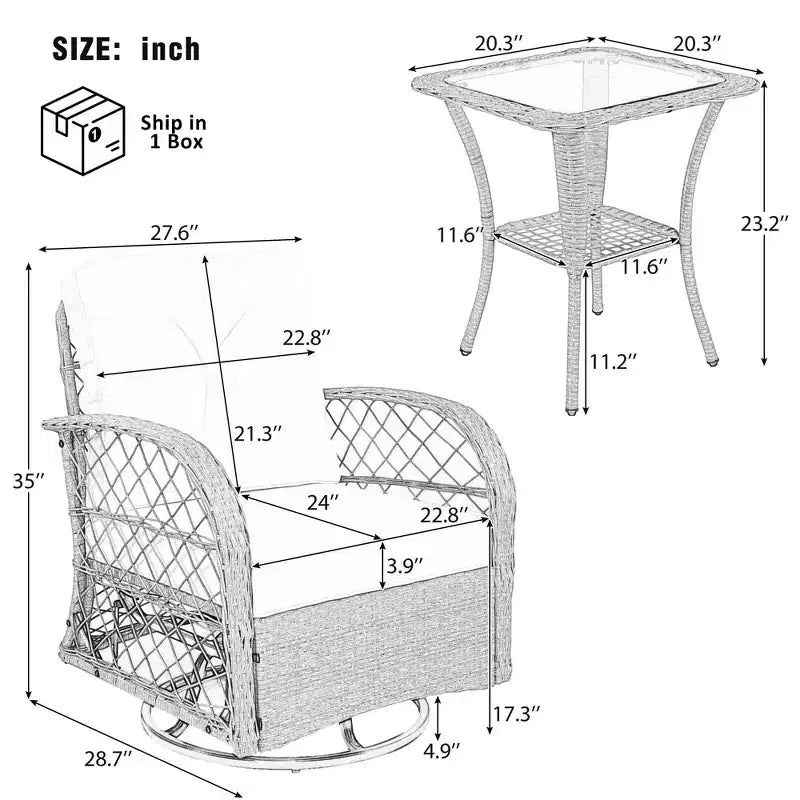 Ensemble de table et de chaises de jardin trois pièces, comprenant une banquette en rotin pour deux personnes, un fauteuil à bascule et une table carrée. Convient pour le marron