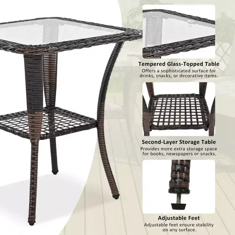 Ensemble de table et de chaises de jardin trois pièces, comprenant une banquette en rotin pour deux personnes, un fauteuil à bascule et une table carrée. Convient pour le marron