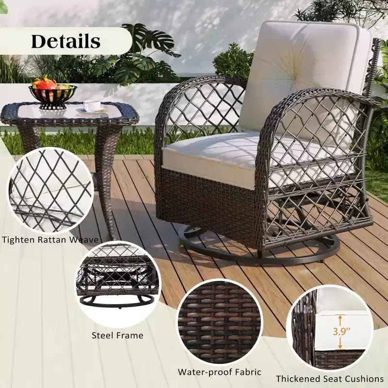 Ensemble de table et de chaises de jardin trois pièces, comprenant une banquette en rotin pour deux personnes, un fauteuil à bascule et une table carrée. Convient pour le marron