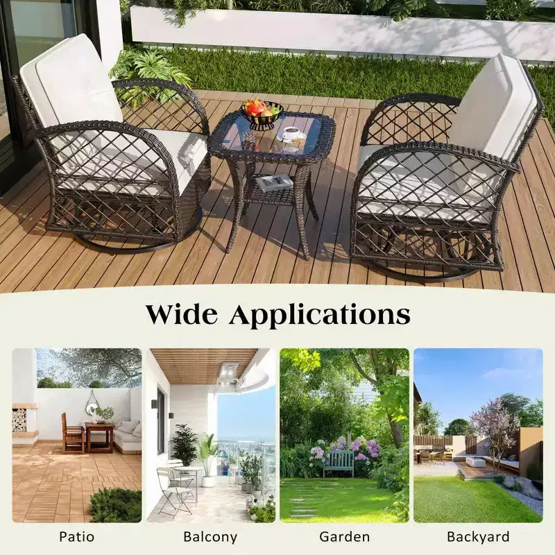 Ensemble de table et de chaises de jardin trois pièces, comprenant une banquette en rotin pour deux personnes, un fauteuil à bascule et une table carrée. Convient pour le marron