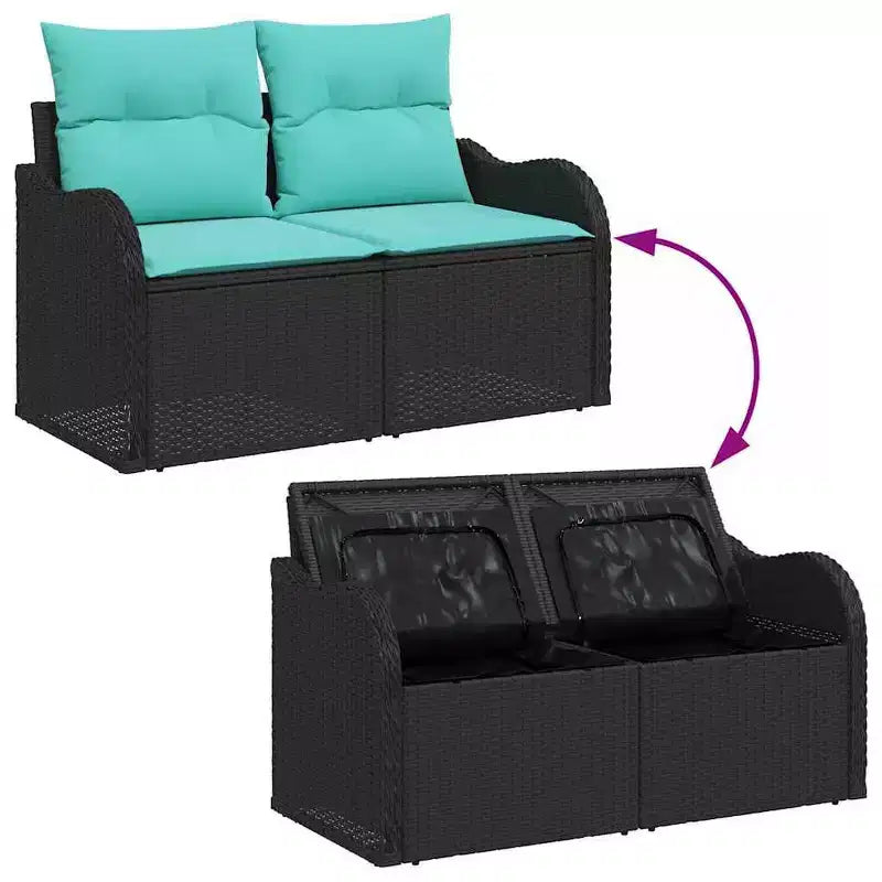 vidaXL Salon de jardin 10 pcs Noir et turquoise Rotin PE - Noir et turquoise sans table