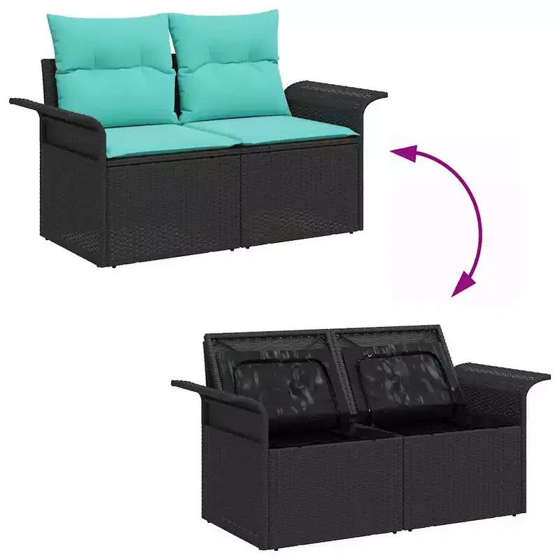 vidaXL Salon de jardin avec coussins 10 pcs Résine tressée Noir - Noir et Turquoise sans table