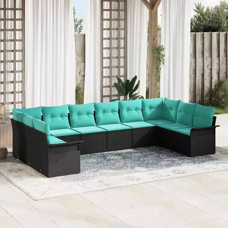 vidaXL Salon de jardin avec coussins 10 pcs Résine tressée Noir - Noir et Turquoise sans table