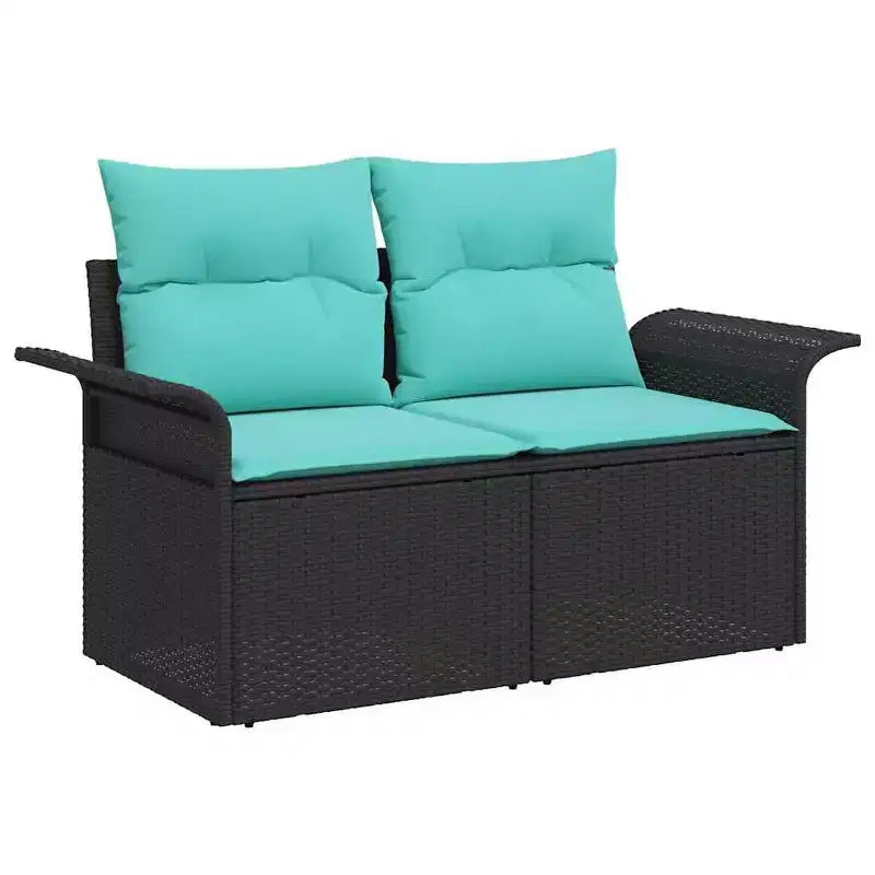 vidaXL Salon de jardin avec coussins 10 pcs Résine tressée Noir - Noir et Turquoise sans table
