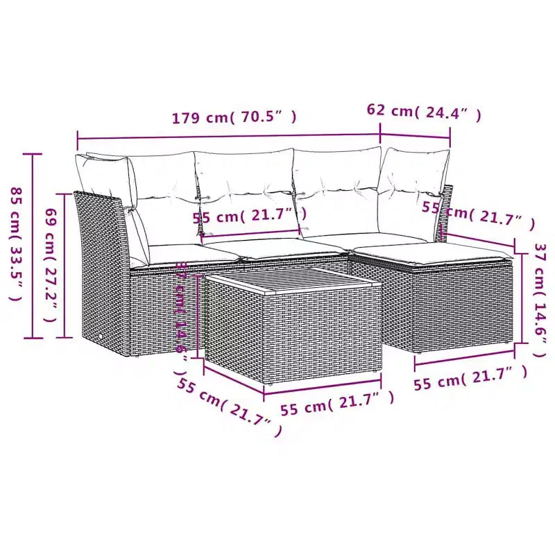 vidaXL Salon de jardin avec coussins, mobilier d'extérieur 5 pièces en poly rotin