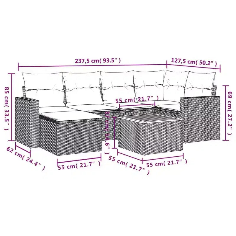 vidaXL Salon de jardin 7 pièces avec coussins, résine tressée gris