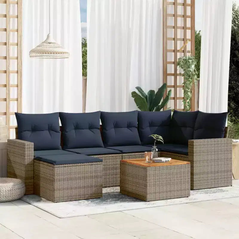 vidaXL Salon de jardin 7 pièces avec coussins, résine tressée gris