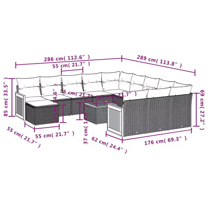 vidaXL Ensemble de canapés de jardin 13 pièces avec coussins résine tressée noir