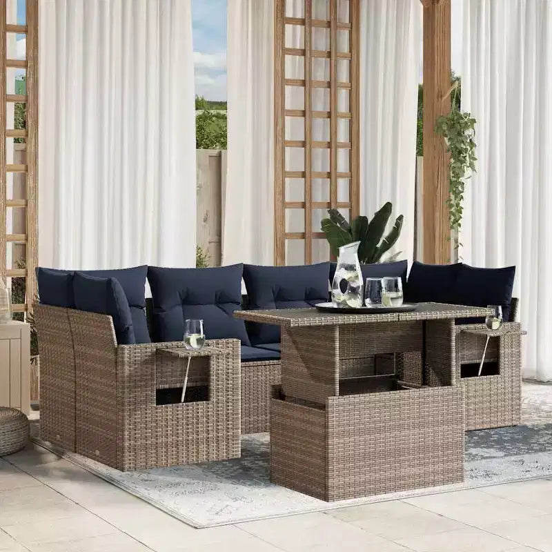 vidaXL Salon de jardin avec coussins, table et canapés, 7 pièces, en rotin synthétique