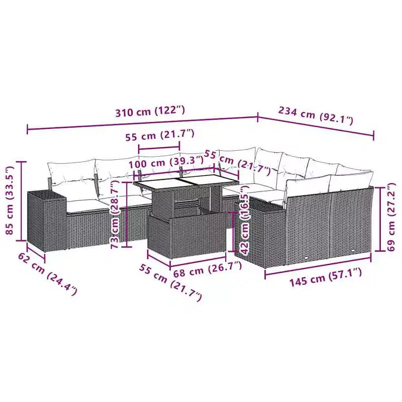 vidaXL Salon de jardin 10 pcs avec coussins résine tressée