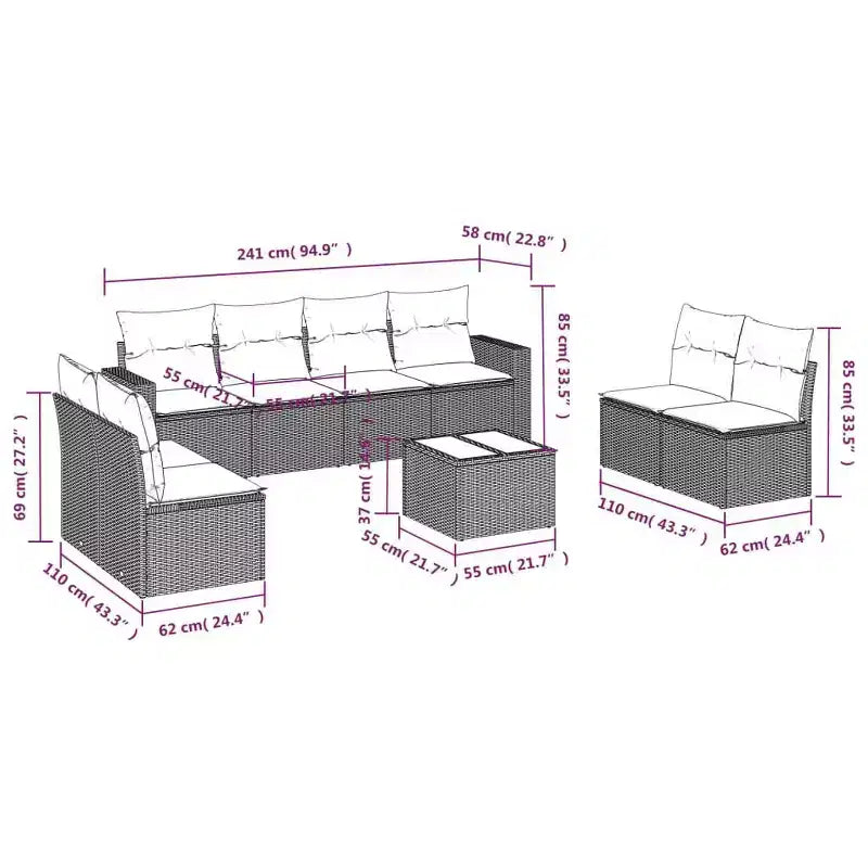 vidaXL Salon de jardin 9 pcs avec coussins résine tressée