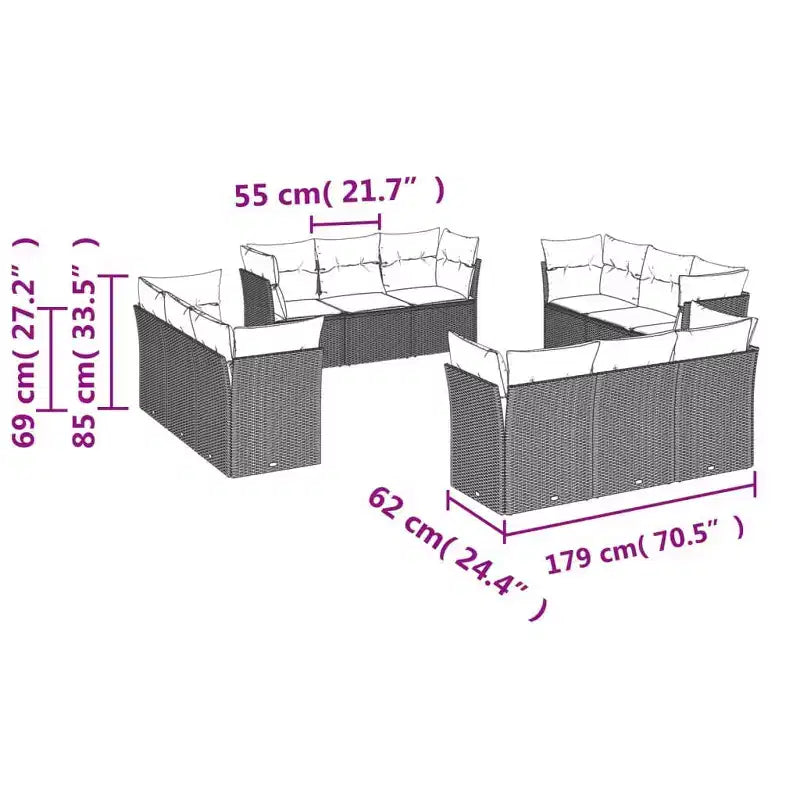vidaXL Salon de jardin 12 pcs avec coussins résine tressée