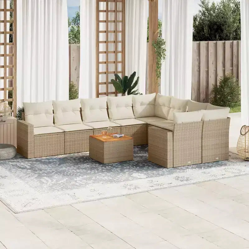 vidaXL Salon de jardin 10 pcs avec coussins résine tressée beige - Beige 5x Milieu + Table + 2x Coin