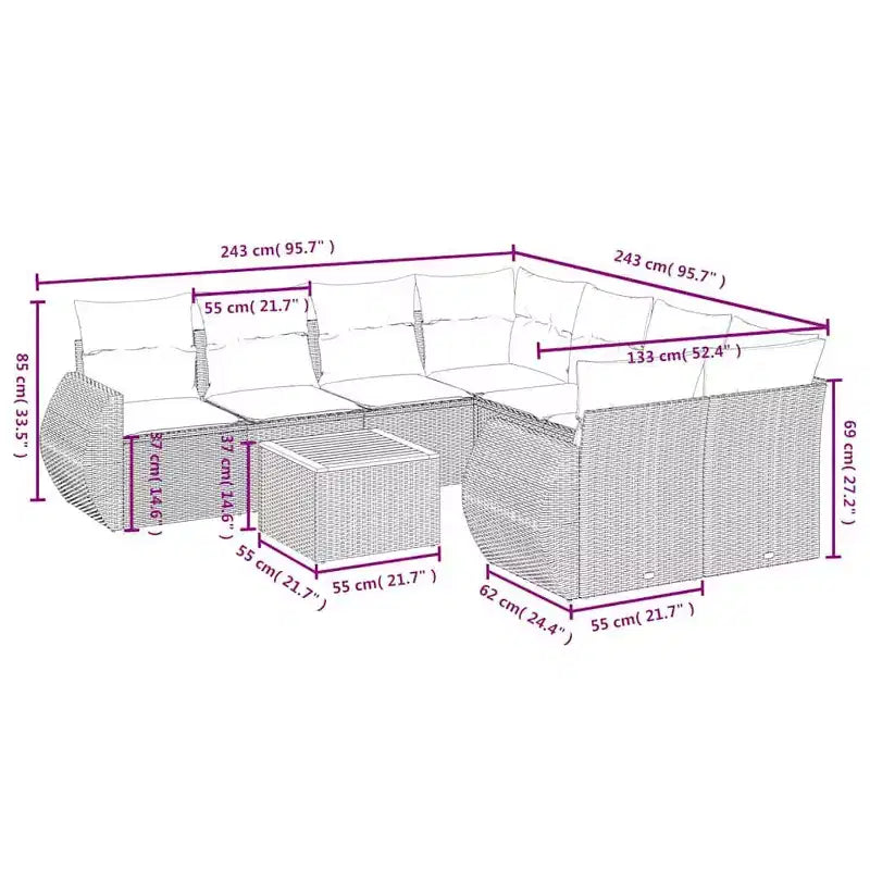 vidaXL Salon de jardin 9 pcs avec coussins résine tressée