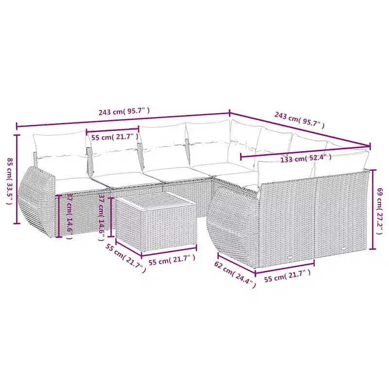 vidaXL Salon de jardin 9 pcs avec coussins résine tressée