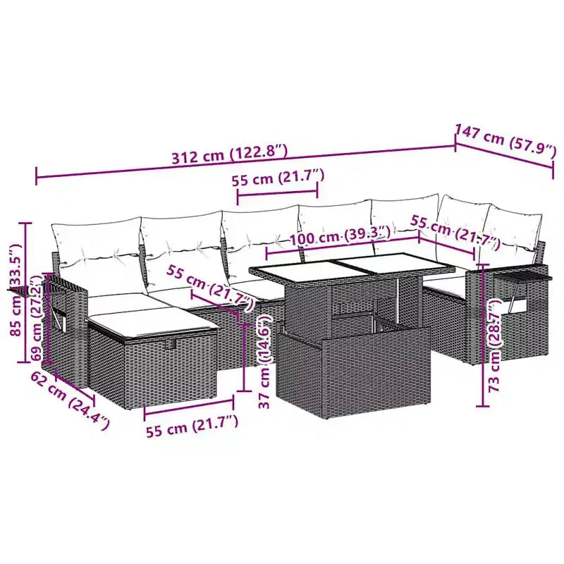 vidaXL Salon de jardin avec coussins et table d'extérieur 8 pièces en résine tressée