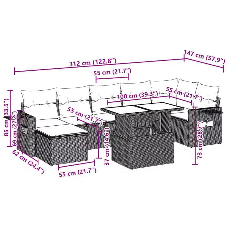 vidaXL Salon de jardin avec coussins et table d'extérieur 8 pièces en résine tressée
