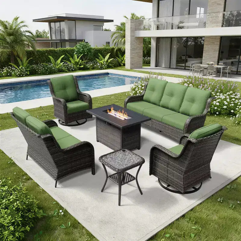 Ensemble d'extérieur premium 7 pièces UPTIOT avec table brasero 2-en-1, canapé 3 places, 2 fauteuils pivotants et banquette double