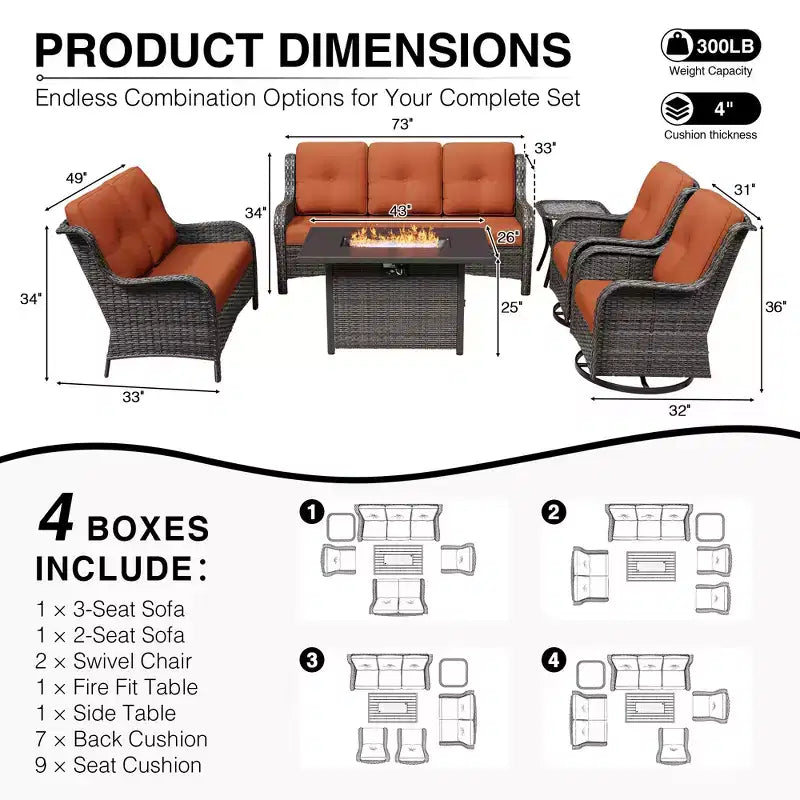 Ensemble d'extérieur premium 7 pièces UPTIOT avec table brasero 2-en-1, canapé 3 places, 2 fauteuils pivotants et banquette double