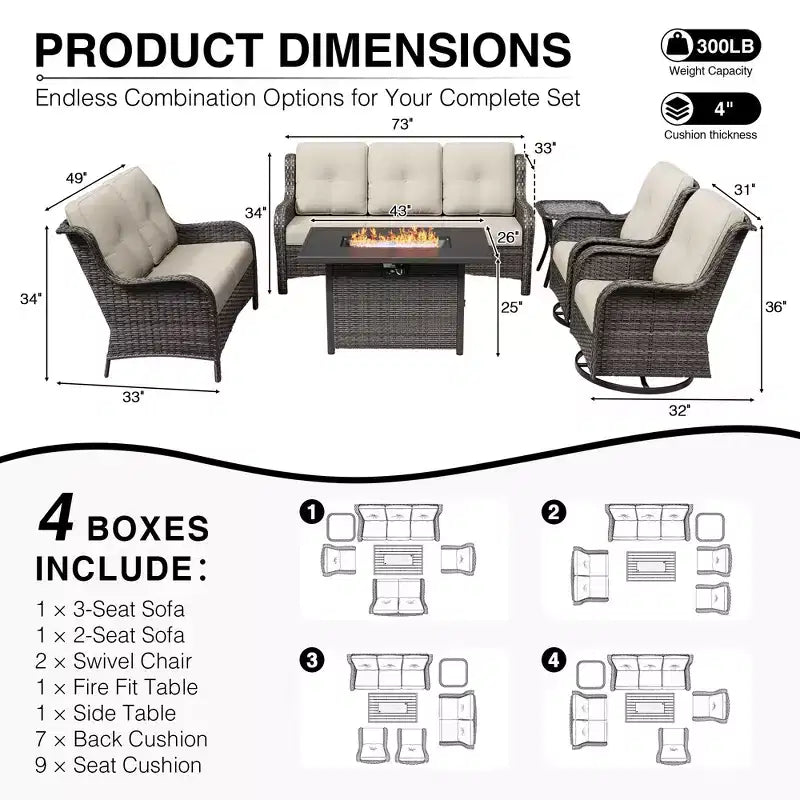 Ensemble d'extérieur premium 7 pièces UPTIOT avec table brasero 2-en-1, canapé 3 places, 2 fauteuils pivotants et banquette double