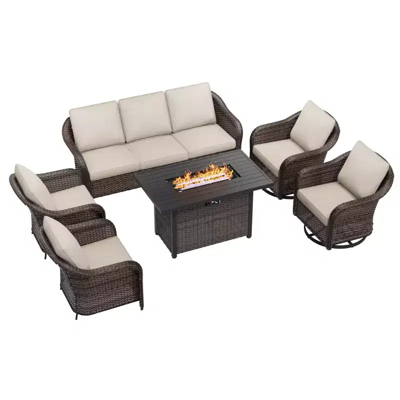 Ensemble d'extérieur 6 pièces UPTIOT avec canapé 3 places, 2 fauteuils pivotants, 2 fauteuils individuels et table brasero grise de 50 000 BTU