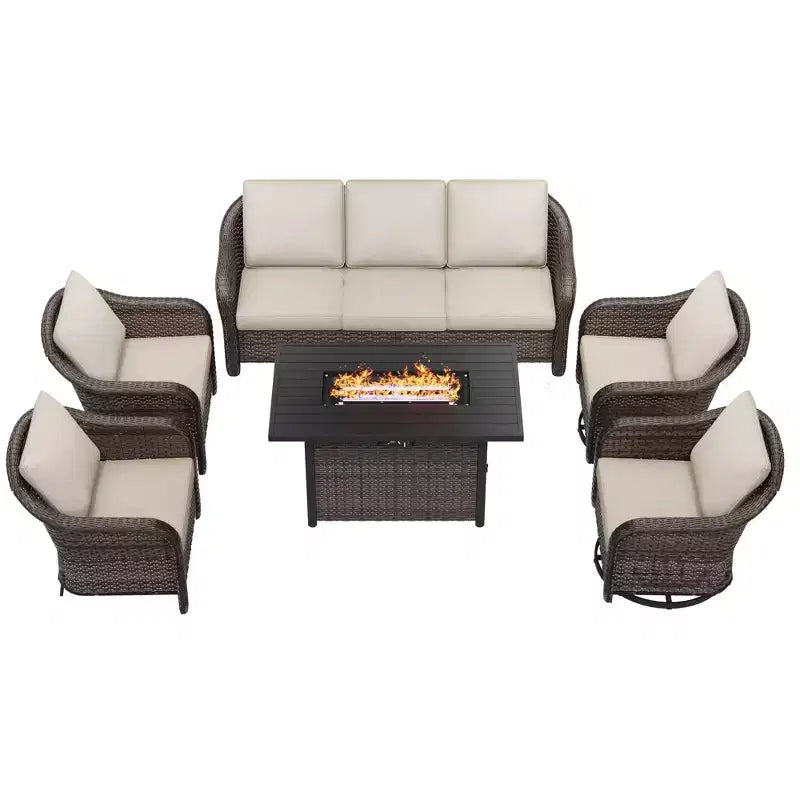 Ensemble d'extérieur 6 pièces UPTIOT avec canapé 3 places, 2 fauteuils pivotants, 2 fauteuils individuels et table brasero grise de 50 000 BTU