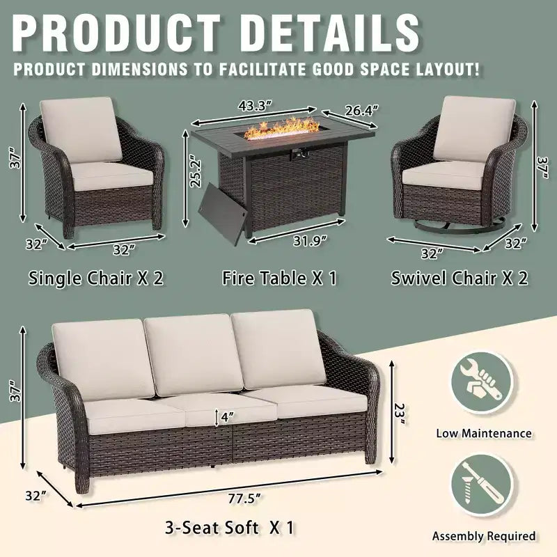 Ensemble d'extérieur 6 pièces UPTIOT avec canapé 3 places, 2 fauteuils pivotants, 2 fauteuils individuels et table brasero grise de 50 000 BTU