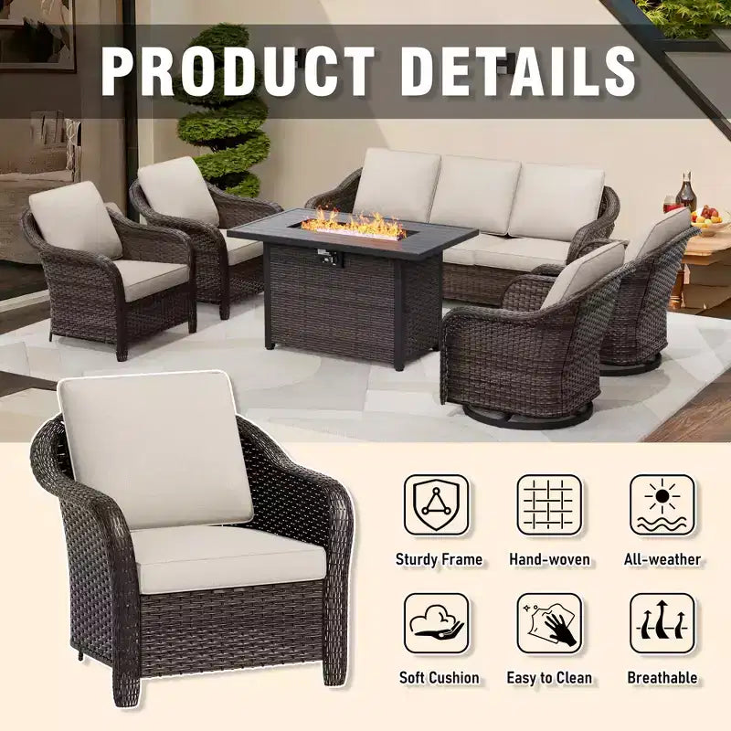 Ensemble d'extérieur 6 pièces UPTIOT avec canapé 3 places, 2 fauteuils pivotants, 2 fauteuils individuels et table brasero grise de 50 000 BTU