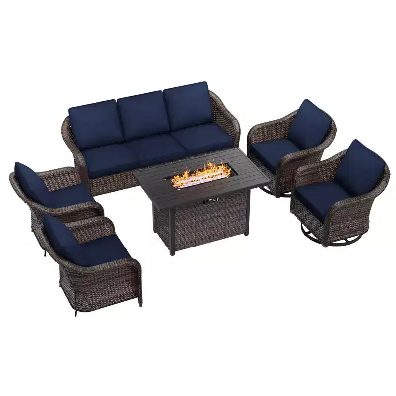 Ensemble d'extérieur 6 pièces UPTIOT avec canapé 3 places, 2 fauteuils pivotants, 2 fauteuils individuels et table brasero grise de 50 000 BTU