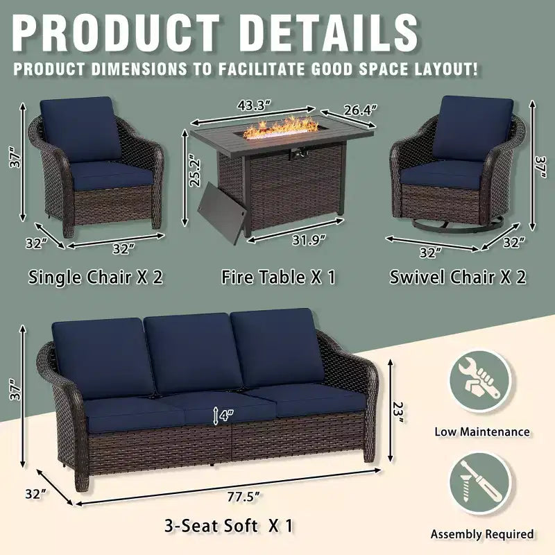 Ensemble d'extérieur 6 pièces UPTIOT avec canapé 3 places, 2 fauteuils pivotants, 2 fauteuils individuels et table brasero grise de 50 000 BTU